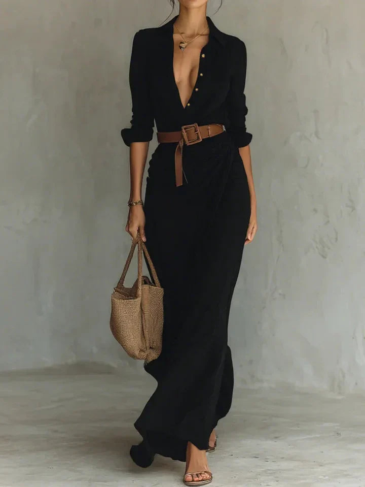 Maggy | Elegant Dress with Belt and Classic Lapel Collar